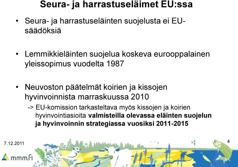 koirien ja kissojen hyvinvoinnista marraskuussa 2010 -> EU-komission tarkasteltava myös kissojen ja