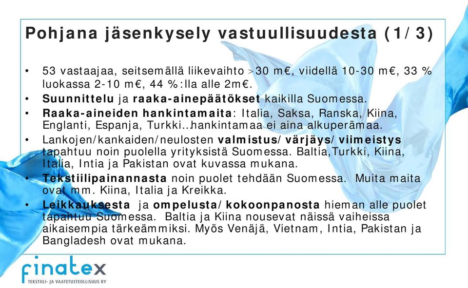 Lankojen/kankaiden/neulosten valmistus/värjäys/viimeistys tapahtuu noin puolella yrityksistä Suomessa. Baltia,Turkki, Kiina, Italia, Intia ja Pakistan ovat kuvassa mukana.