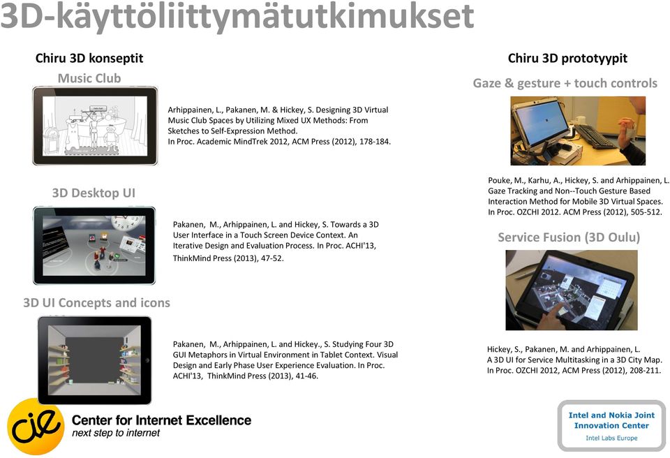 , Arhippainen, L. and Hickey, S. Towards a 3D User Interface in a Touch Screen Device Context. An Iterative Design and Evaluation Process. In Proc. ACHI'13, ThinkMind Press (2013), 47-52. Pouke, M.