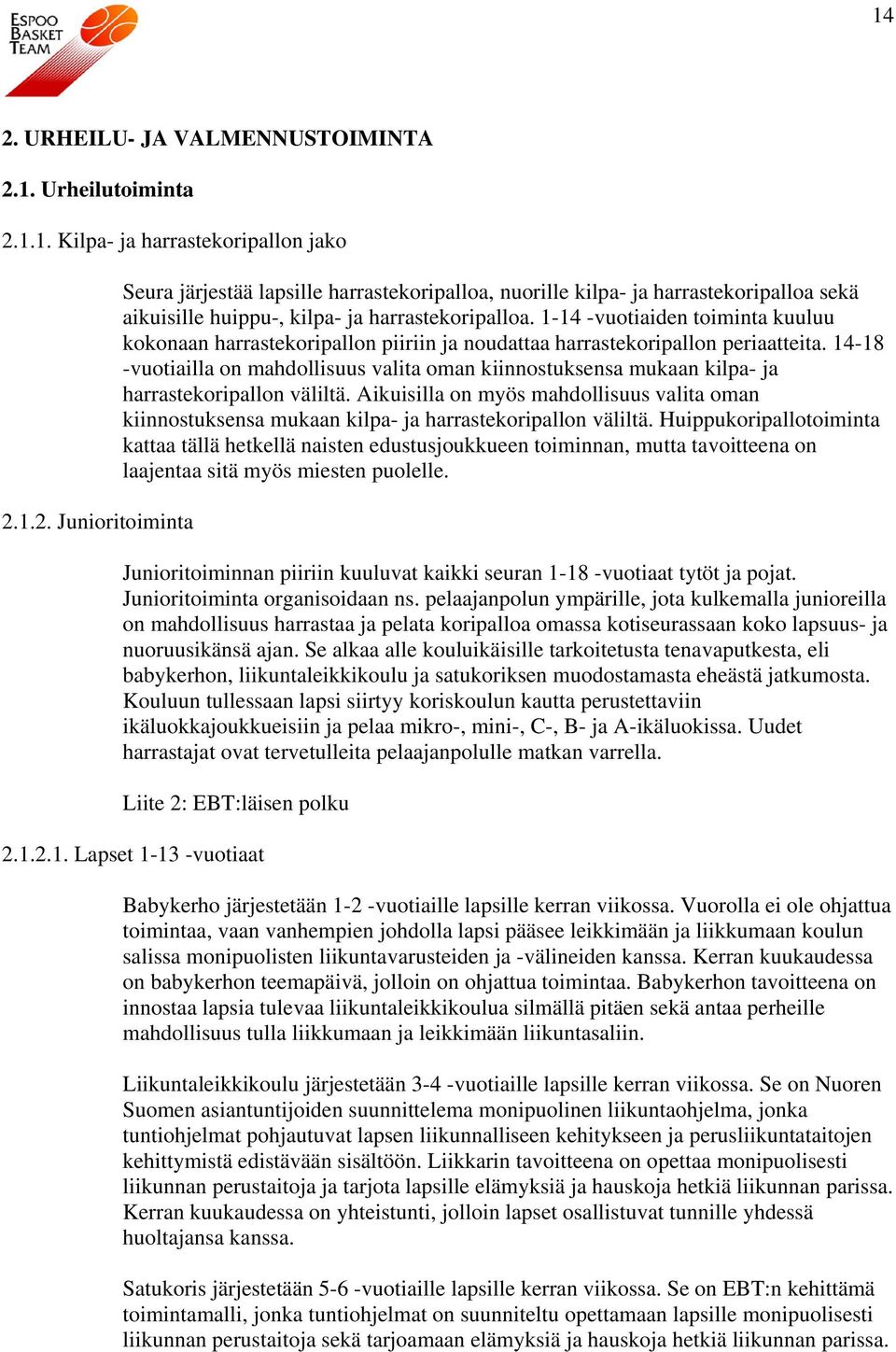 14-18 -vuotiailla on mahdollisuus valita oman kiinnostuksensa mukaan kilpa- ja harrastekoripallon väliltä.