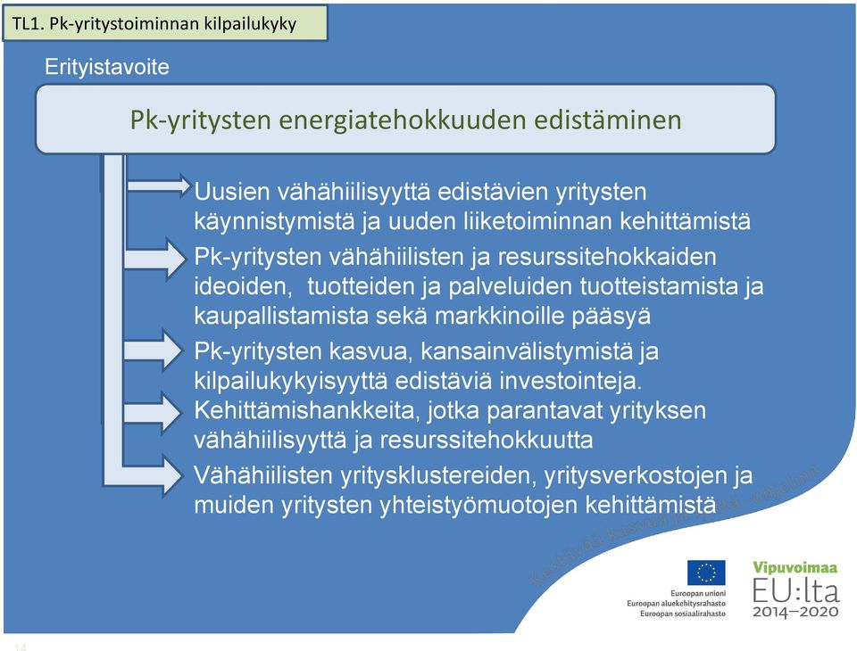 kaupallistamista sekä markkinoille pääsyä Pk-yritysten kasvua, kansainvälistymistä ja kilpailukykyisyyttä edistäviä investointeja.