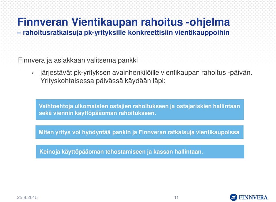 Yrityskohtaisessa päivässä käydään läpi: Vaihtoehtoja ulkomaisten ostajien rahoitukseen ja ostajariskien hallintaan sekä viennin
