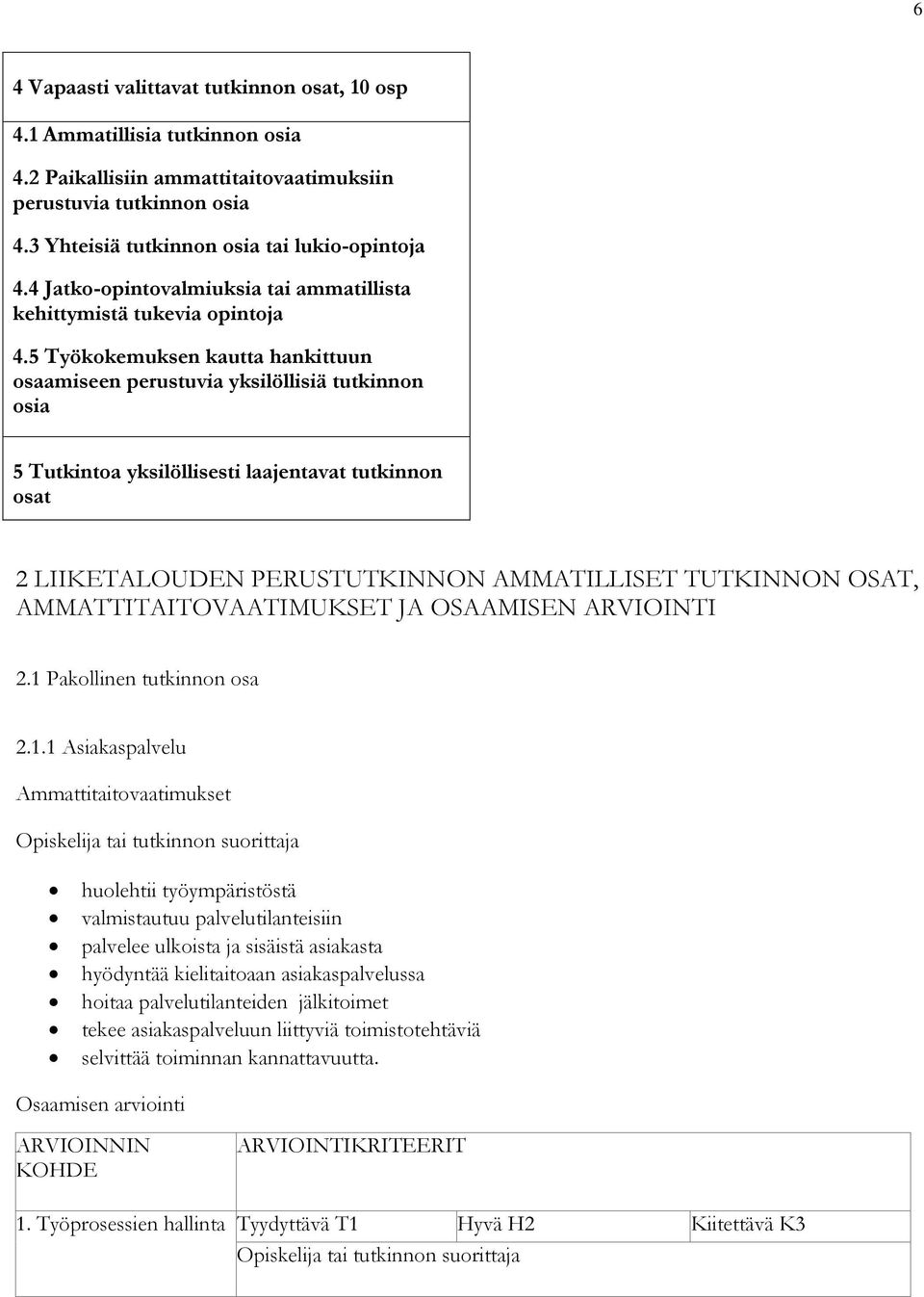 5 Työkokemuksen kautta hankittuun osaamiseen perustuvia yksilöllisiä tutkinnon osia 5 Tutkintoa yksilöllisesti laajentavat tutkinnon osat 2 LIIKETALOUDEN PERUSTUTKINNON AMMATILLISET TUTKINNON OSAT,