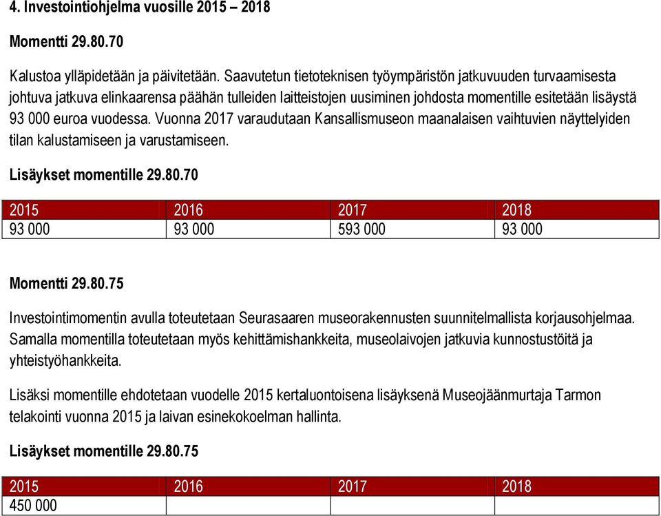 Vuonna 2017 varaudutaan Kansallismuseon maanalaisen vaihtuvien näyttelyiden tilan kalustamiseen ja varustamiseen. Lisäykset momentille 29.80.
