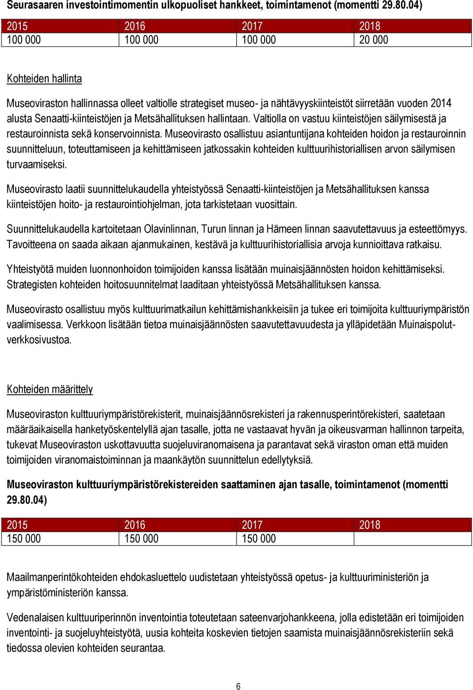 Metsähallituksen hallintaan. Valtiolla on vastuu kiinteistöjen säilymisestä ja restauroinnista sekä konservoinnista.