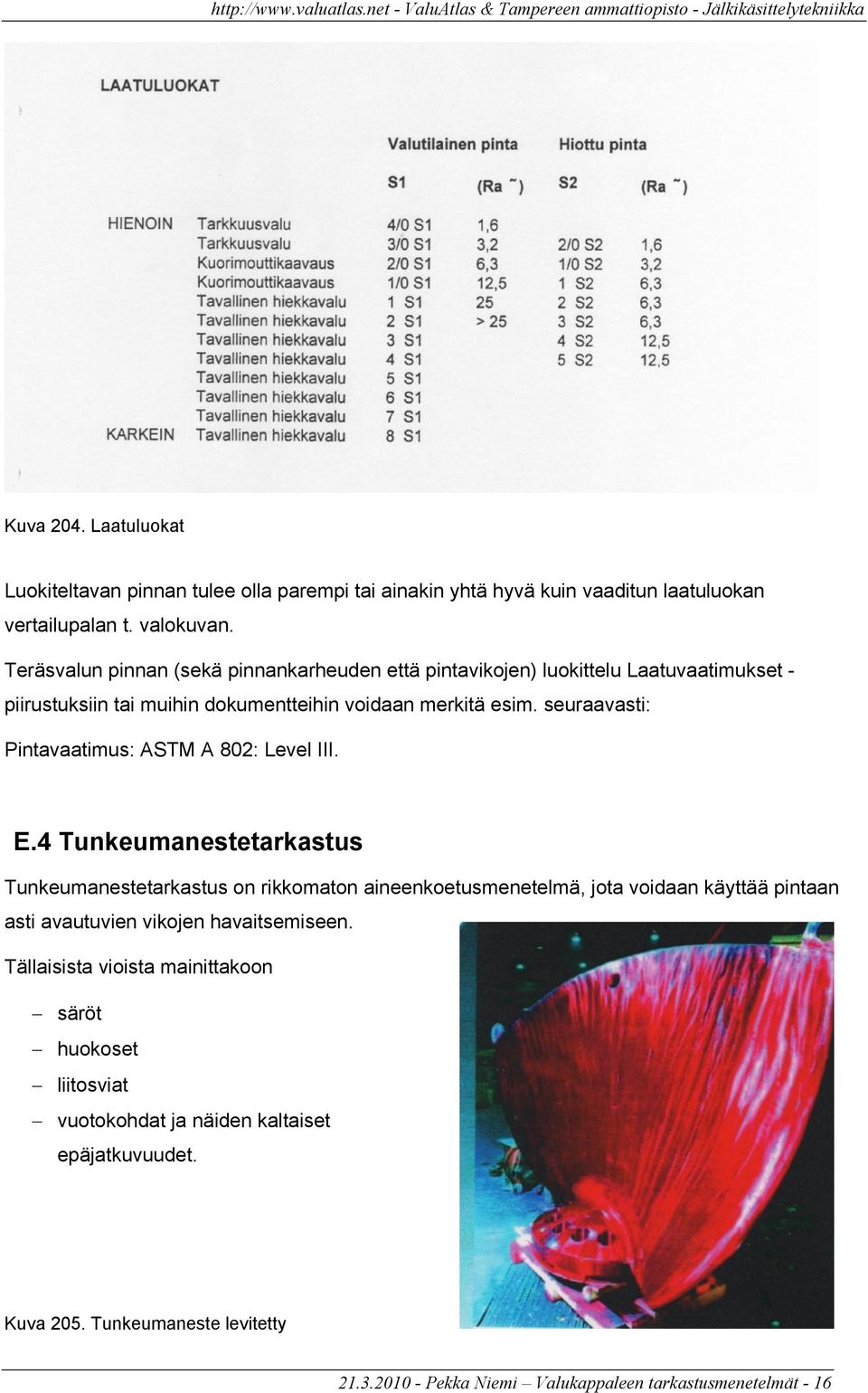 seuraavasti: Pintavaatimus: ASTM A 802: Level III. E.