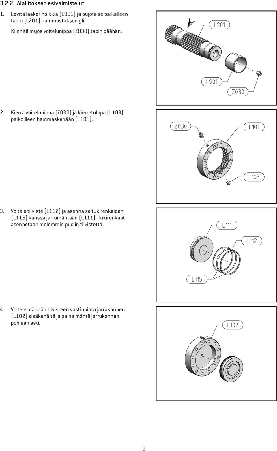 Kierrä voitelunippa (Z030) ja kierretulppa (L103) paikoilleen hammaskehään (L101). 3.