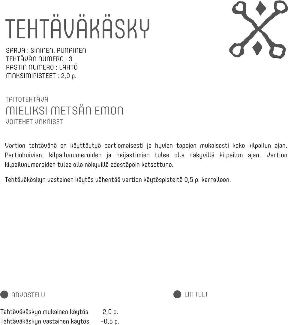 ajan. Partiohuivien, kilpailunumeroiden ja heijastimien tulee olla näkyvillä kilpailun ajan.