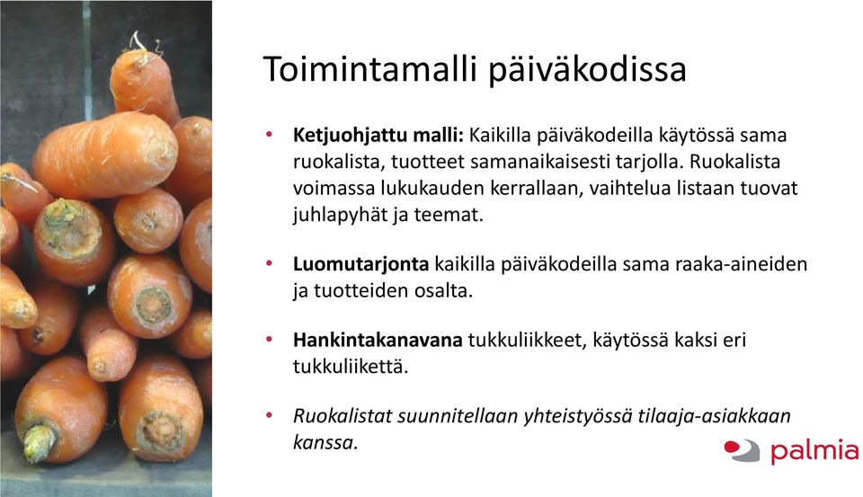 Ruokalista voimassa lukukauden kerrallaan, vaihtelua listaan tuovat juhlapyhät ja teemat.