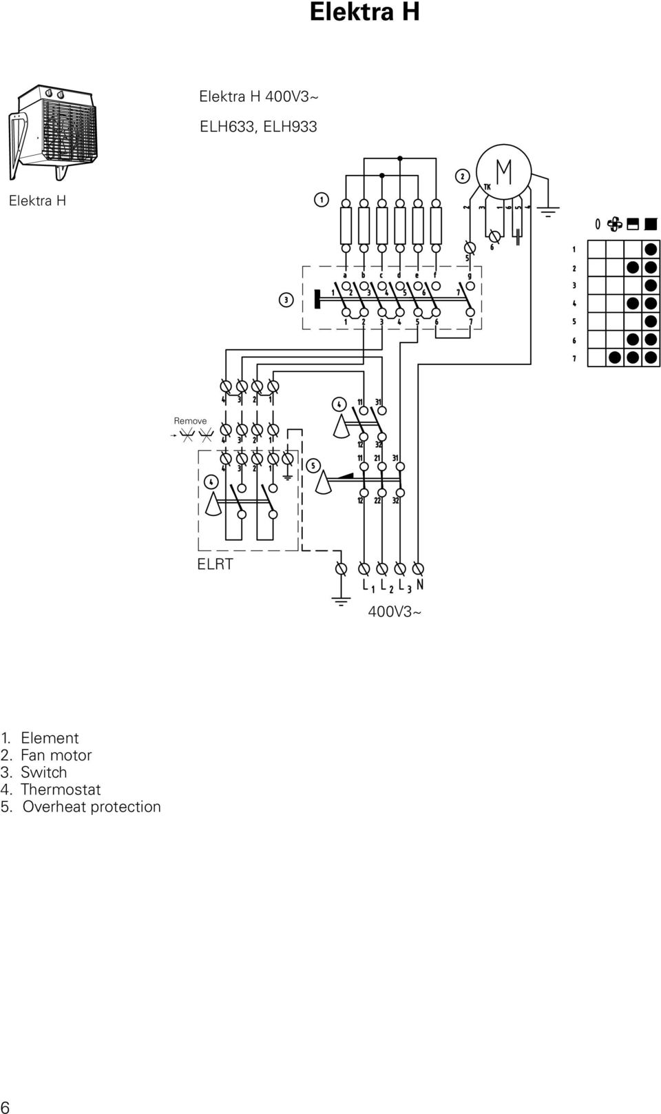 Element 2. Fan motor 3. Switch 4.