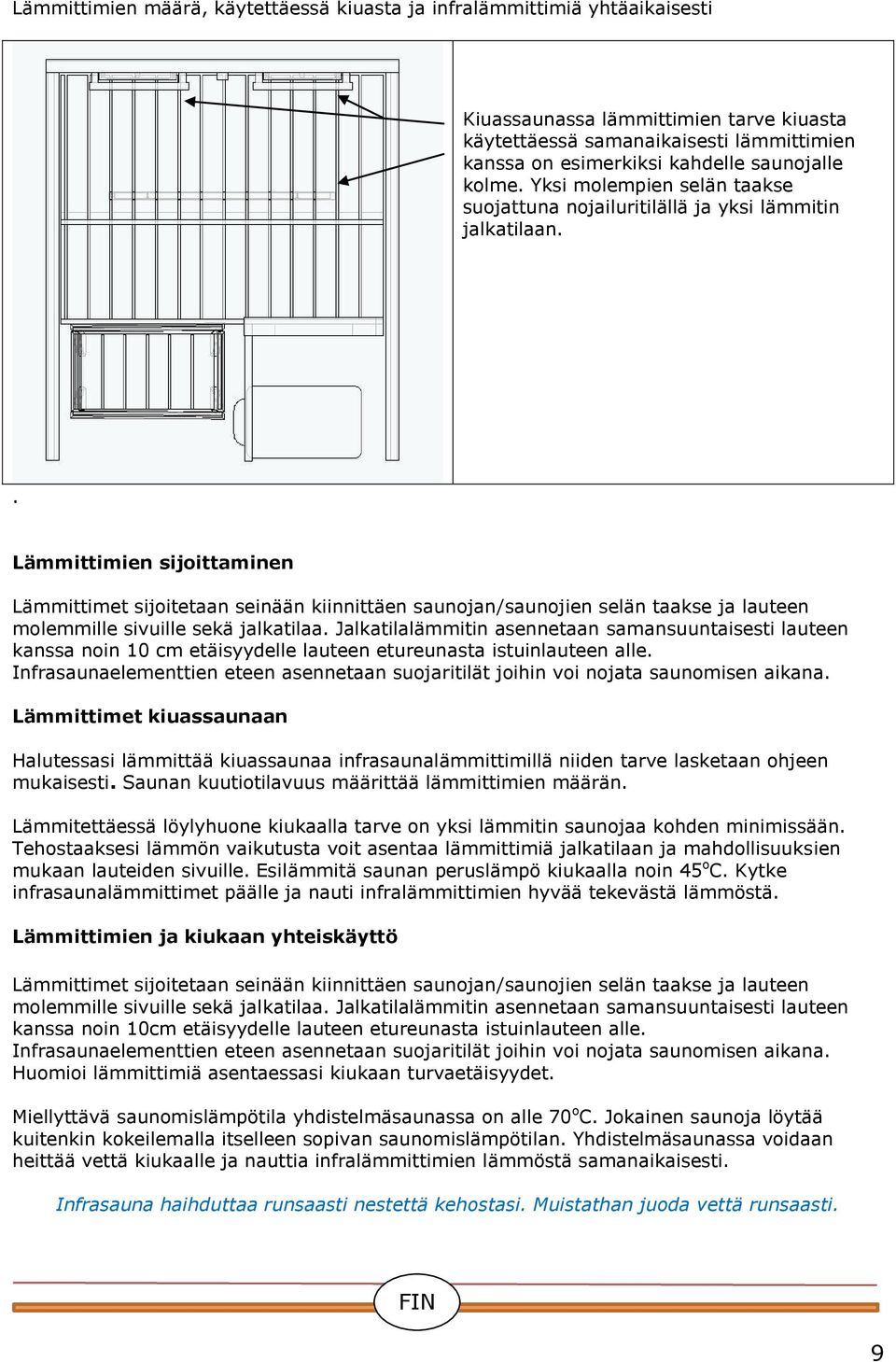 . Lämmittimien sijoittaminen Lämmittimet sijoitetaan seinään kiinnittäen saunojan/saunojien selän taakse ja lauteen molemmille sivuille sekä jalkatilaa.