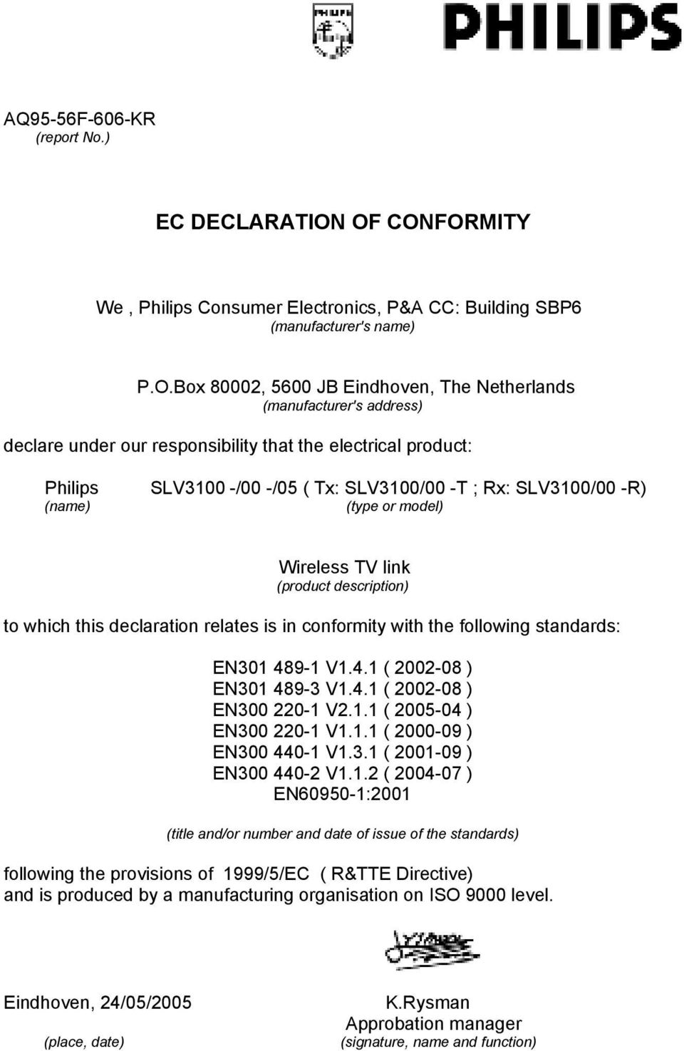 that the electrical product: Philips (name) SLV3100 -/00 -/05 ( Tx: SLV3100/00 -T ; Rx: SLV3100/00 -R) (type or model) Wireless TV link (product description) to which this declaration relates is in