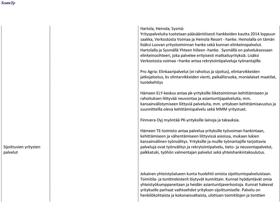 Sysmällä on palveluksessaan elinkeinosihteeri, joka palvelee erityisesti matkailuyrityksiä. Lisäksi Verkostosta voimaa hanke antaa rekrytointipalveluja työnantajille.