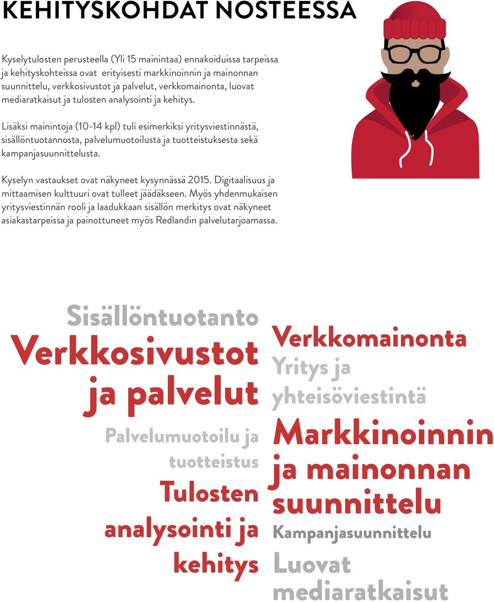 Lisäksi mainintoja (10-14 kpl) tuli esimerkiksi yritysviestinnästä, sisällöntuotannosta, palvelumuotoilusta ja tuotteistuksesta sekä kampanjasuunnittelusta.