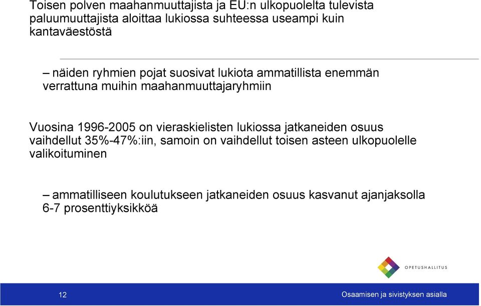 1996-2005 on vieraskielisten lukiossa jatkaneiden osuus vaihdellut 35%-47%:iin, samoin on vaihdellut toisen asteen ulkopuolelle