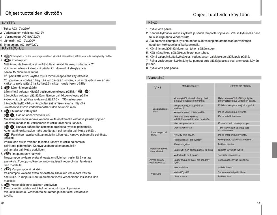 ( )O 3 virta Mitään muuta toimintoa ei voi käyttää virtatä lukuun ottamatta O 3 -toiminnon ollessa kytkettynä päälle. O 3 -toiminto kytkeytyy pois päältä 15 minuutin kuluttua.