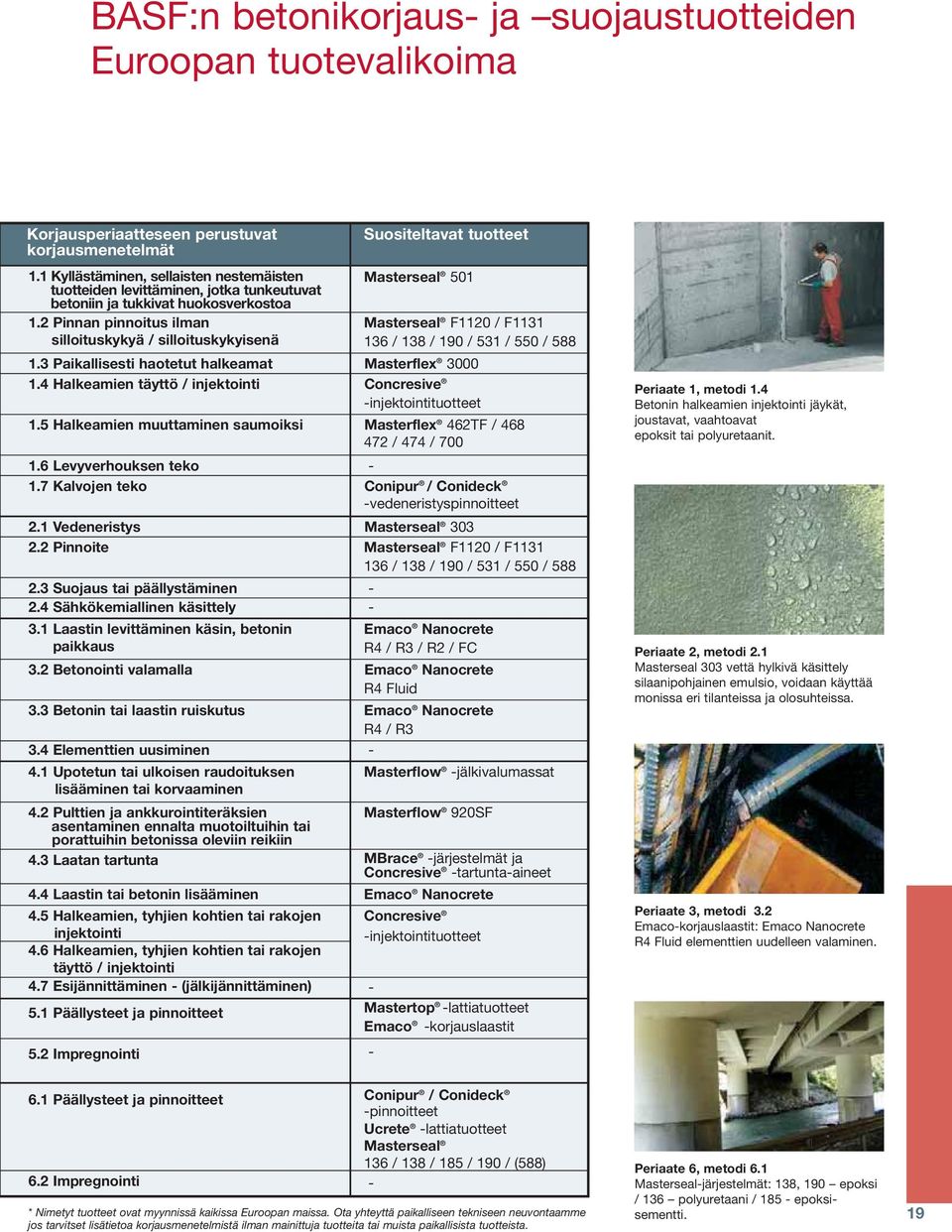 2 Pinnan pinnoitus ilman silloituskykyä / silloituskykyisenä Masterseal 501 Masterseal F1120 / F1131 136 / 138 / 190 / 531 / 550 / 588 1.3 Paikallisesti haotetut halkeamat Masterflex 3000 1.