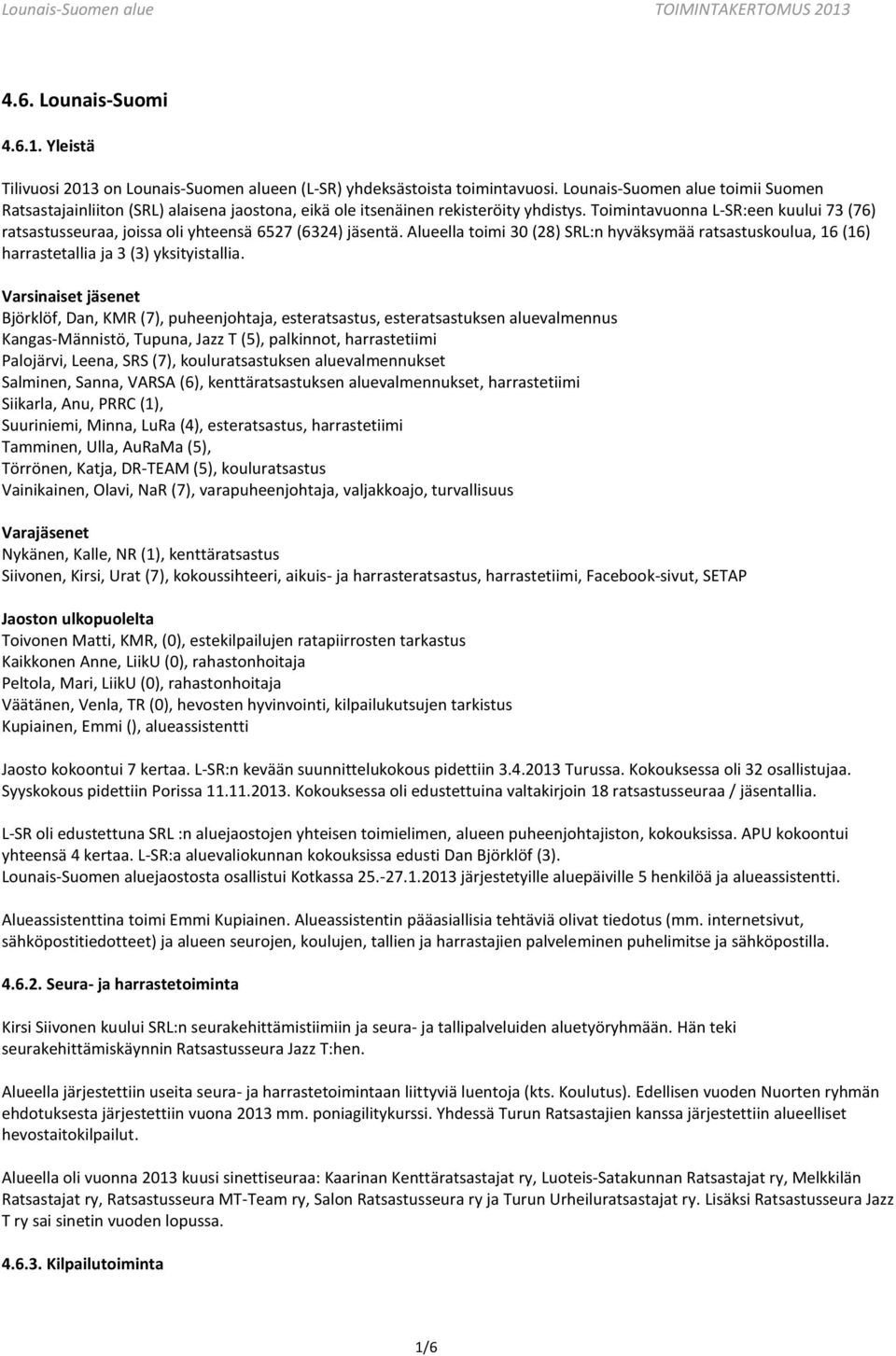 Toimintavuonna L-SR:een kuului 73 (76) ratsastusseuraa, joissa oli yhteensä 6527 (6324) jäsentä.