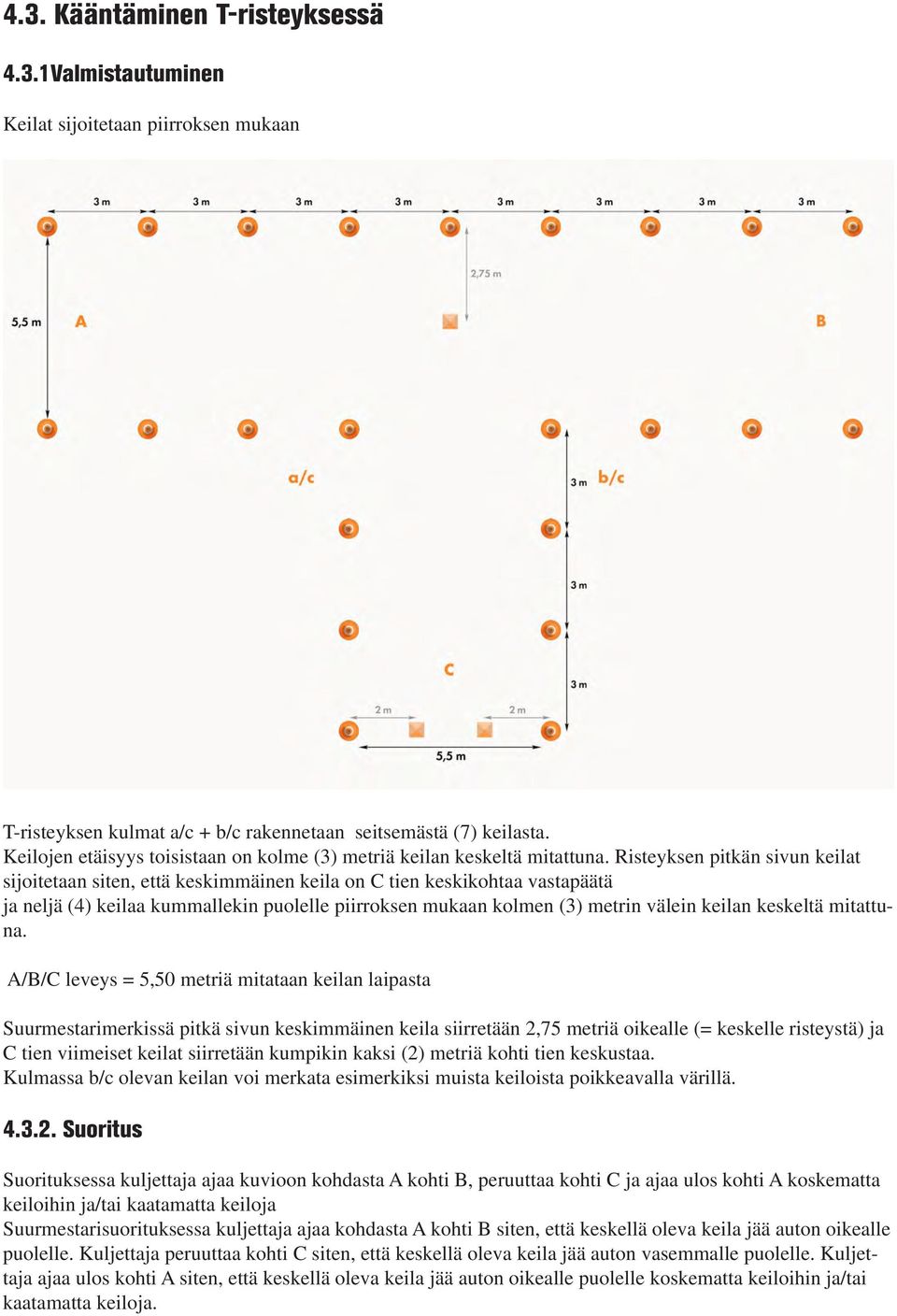 Risteyksen pitkän sivun keilat sijoitetaan siten, että keskimmäinen keila on C tien keskikohtaa vastapäätä ja neljä (4) keilaa kummallekin puolelle piirroksen mukaan kolmen (3) metrin välein keilan