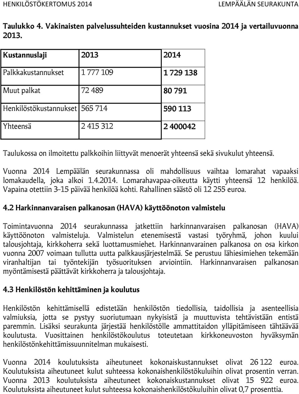 liittyvät menoerät yhteensä sekä sivukulut yhteensä. Vuonna 2014 Lempäälän seurakunnassa oli mahdollisuus vaihtaa lomarahat vapaaksi lomakaudella, joka alkoi 1.4.2014. Lomarahavapaa-oikeutta käytti yhteensä 12 henkilöä.