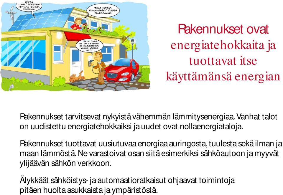 Rakennukset tuottavat uusiutuvaa energiaa auringosta, tuulesta sekä ilman ja maan lämmöstä.