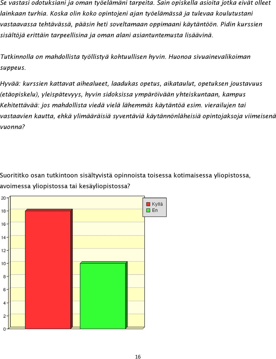 Pidin kurssien sisältöjä erittäin tarpeellisina ja oman alani asiantuntemusta lisäävinä. Tutkinnolla on mahdollista työllistyä kohtuullisen hyvin. Huonoa sivuainevalikoiman suppeus.