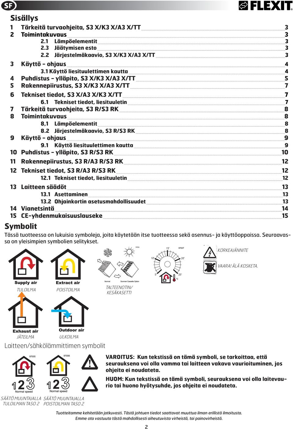 1 Tekniset tiedot, liesituuletin 7 7 Tärkeitä turvaohjeita, S3 R/S3 RK 8 8 Toimintakuvaus 8 8,1 Lämpöelementit 8 8.2 Järjestelmäkaavio, S3 R/S3 RK 8 9 Käyttö - ohjaus 9 9.