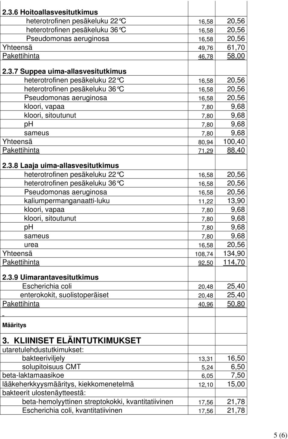 C 16,58 20,56 kloori, vapaa 7,80 9,68 kloori, sitoutunut 7,80 9,68 Yhteensä 80,94 100,40 Pakettihinta 71,29 88,40 2.3.