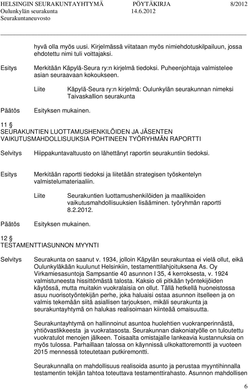 Käpylä-Seura ry:n kirjelmä: Oulunkylän seurakunnan nimeksi Taivaskallion seurakunta 11 SEURAKUNTIEN LUOTTAMUSHENKILÖIDEN JA JÄSENTEN VAIKUTUSMAHDOLLISUUKSIA POHTINEEN TYÖRYHMÄN RAPORTTI