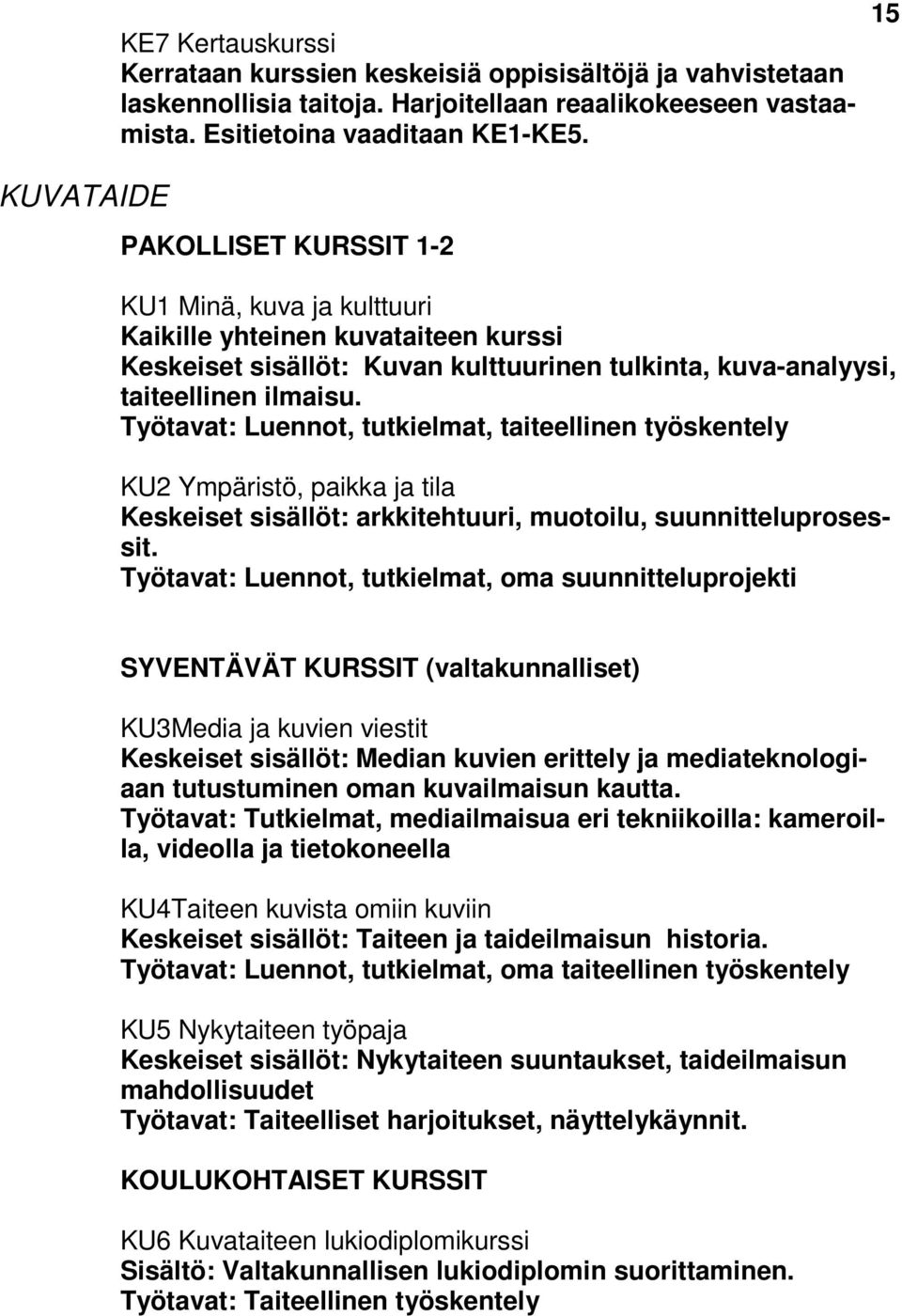 Työtavat: Luennot, tutkielmat, taiteellinen työskentely KU2 Ympäristö, paikka ja tila Keskeiset sisällöt: arkkitehtuuri, muotoilu, suunnitteluprosessit.