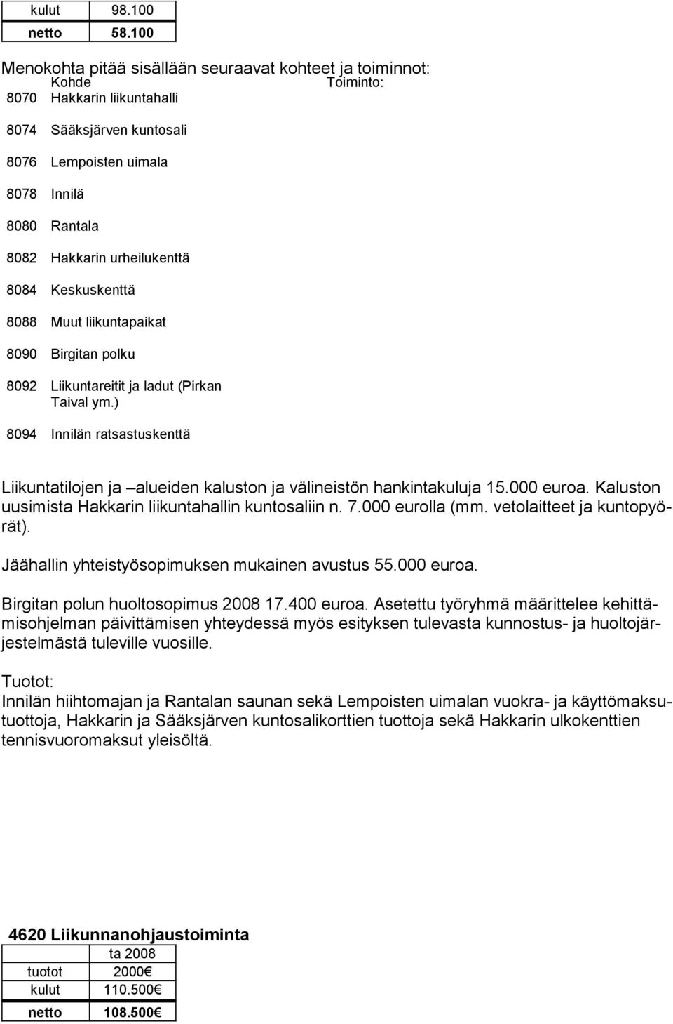 urheilukenttä 8084 Keskuskenttä 8088 Muut liikuntapaikat 8090 Birgitan polku 8092 Liikuntareitit ja ladut (Pirkan Taival ym.