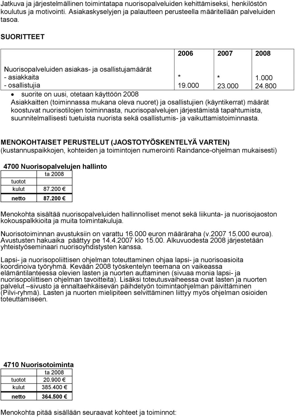 800 suorite on uusi, otetaan käyttöön 2008 Asiakkaitten (toiminnassa mukana oleva nuoret) ja osallistujien (käyntikerrat) määrät koostuvat nuorisotilojen toiminnasta, nuorisopalvelujen järjestämistä