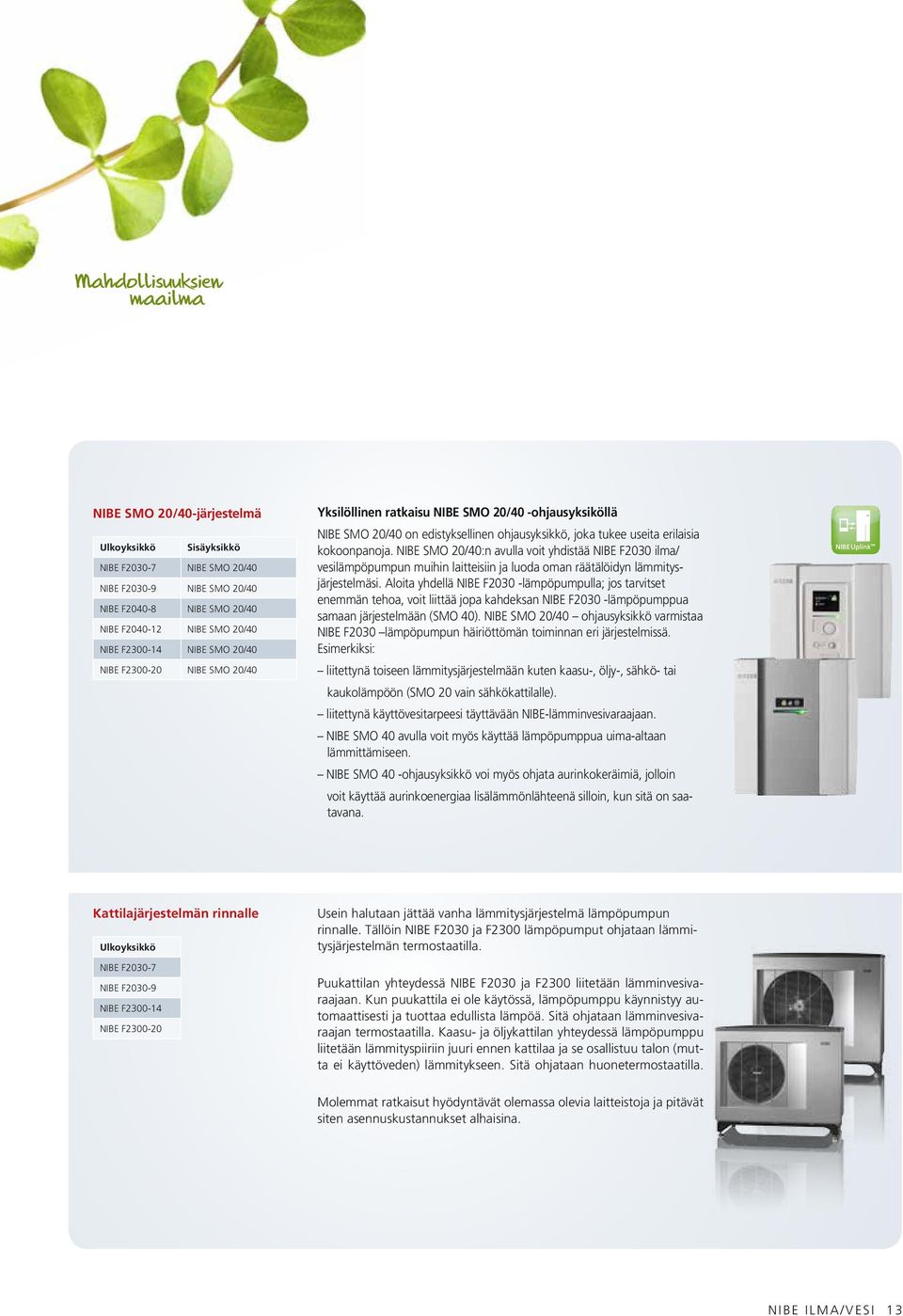 NIBE SMO 20/40:n avulla voit yhdistää NIBE F2030 ilma/ vesilämpöpumpun muihin laitteisiin ja luoda oman räätälöidyn lämmitysjärjestelmäsi.
