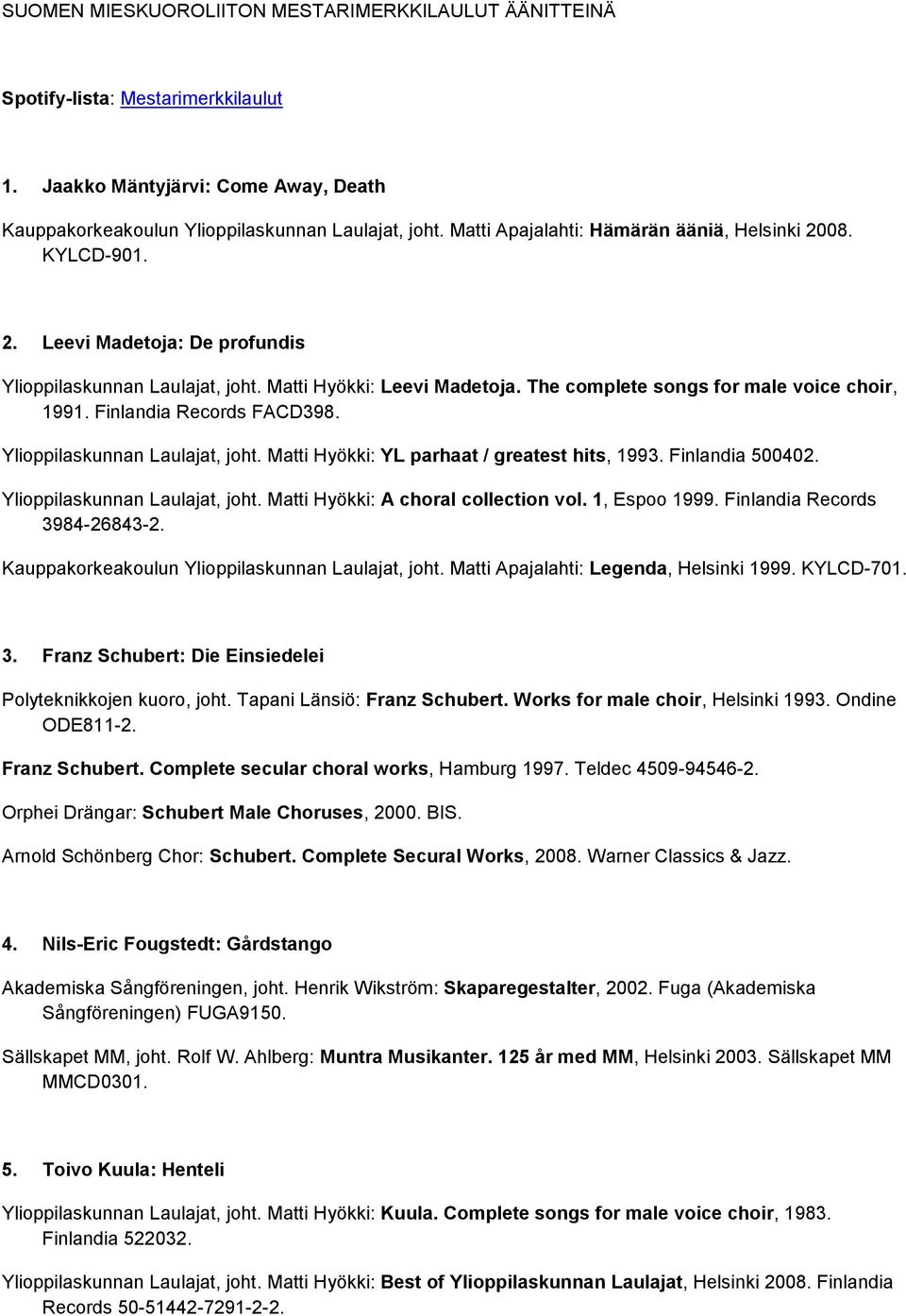 Finlandia Records FACD398. Kauppakorkeakoulun Ylioppilaskunnan Laulajat, joht. Matti Apajalahti: Legenda, Helsinki 1999. KYLCD-701. 3. Franz Schubert: Die Einsiedelei Polyteknikkojen kuoro, joht.
