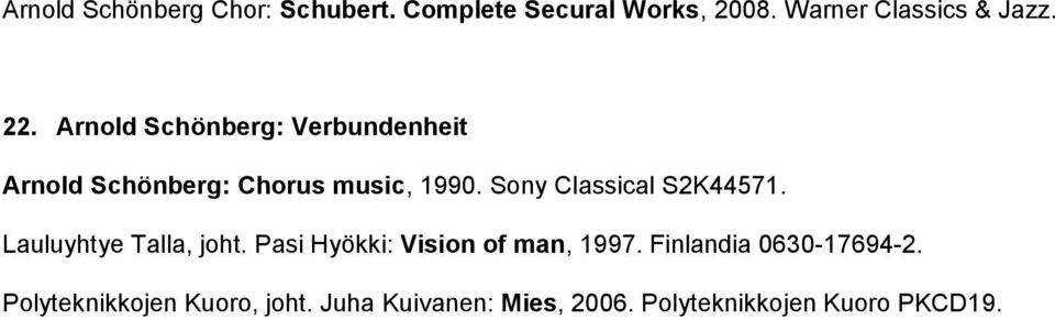 Sony Classical S2K44571. Lauluyhtye Talla, joht. Pasi Hyökki: Vision of man, 1997.