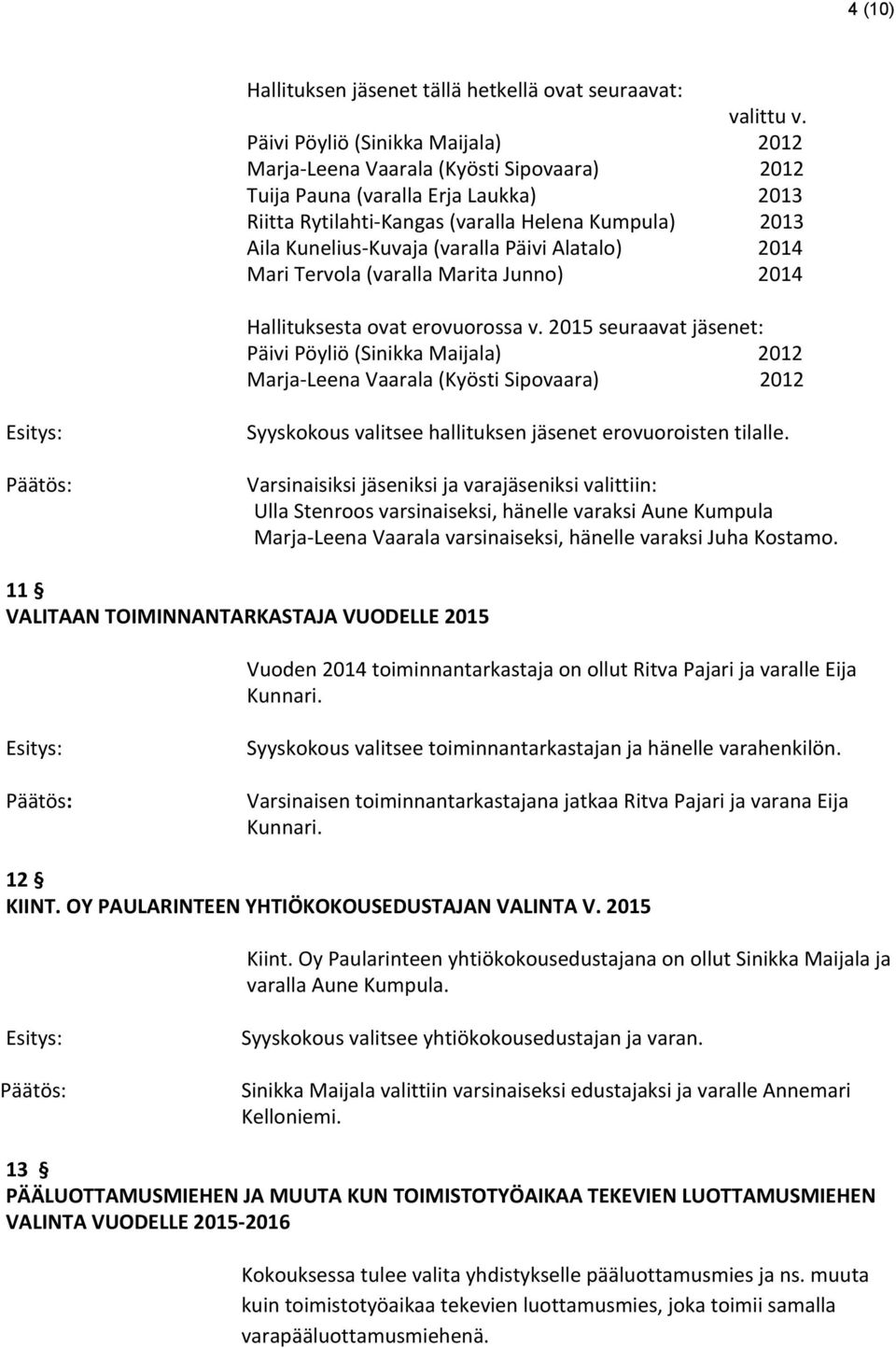 (varalla Päivi Alatalo) 2014 Mari Tervola (varalla Marita Junno) 2014 Hallituksesta ovat erovuorossa v.