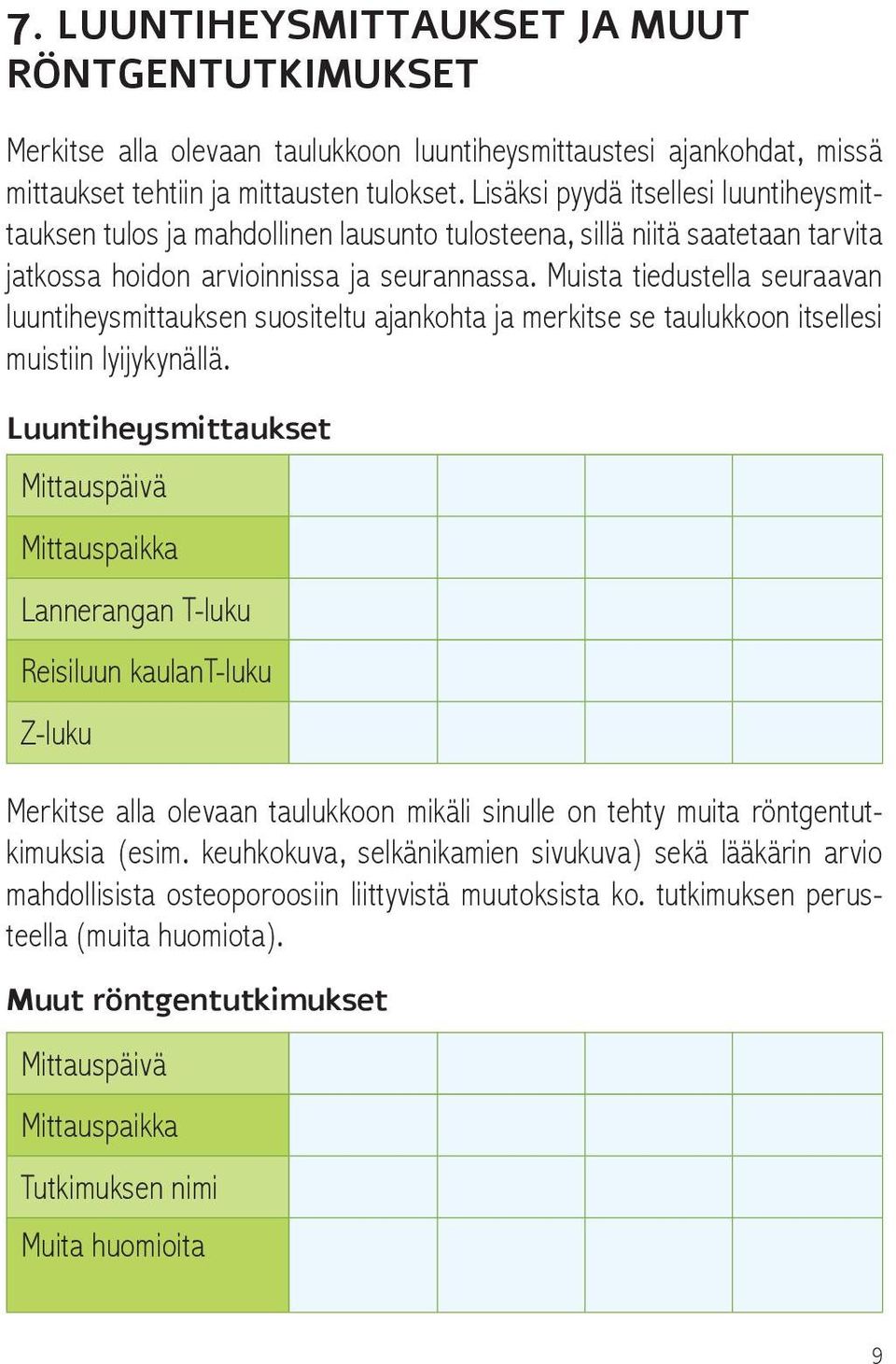 Muista tiedustella seuraavan luuntiheys mittauksen suositeltu ajankohta ja merkitse se taulukkoon itsellesi muistiin lyijykynällä.