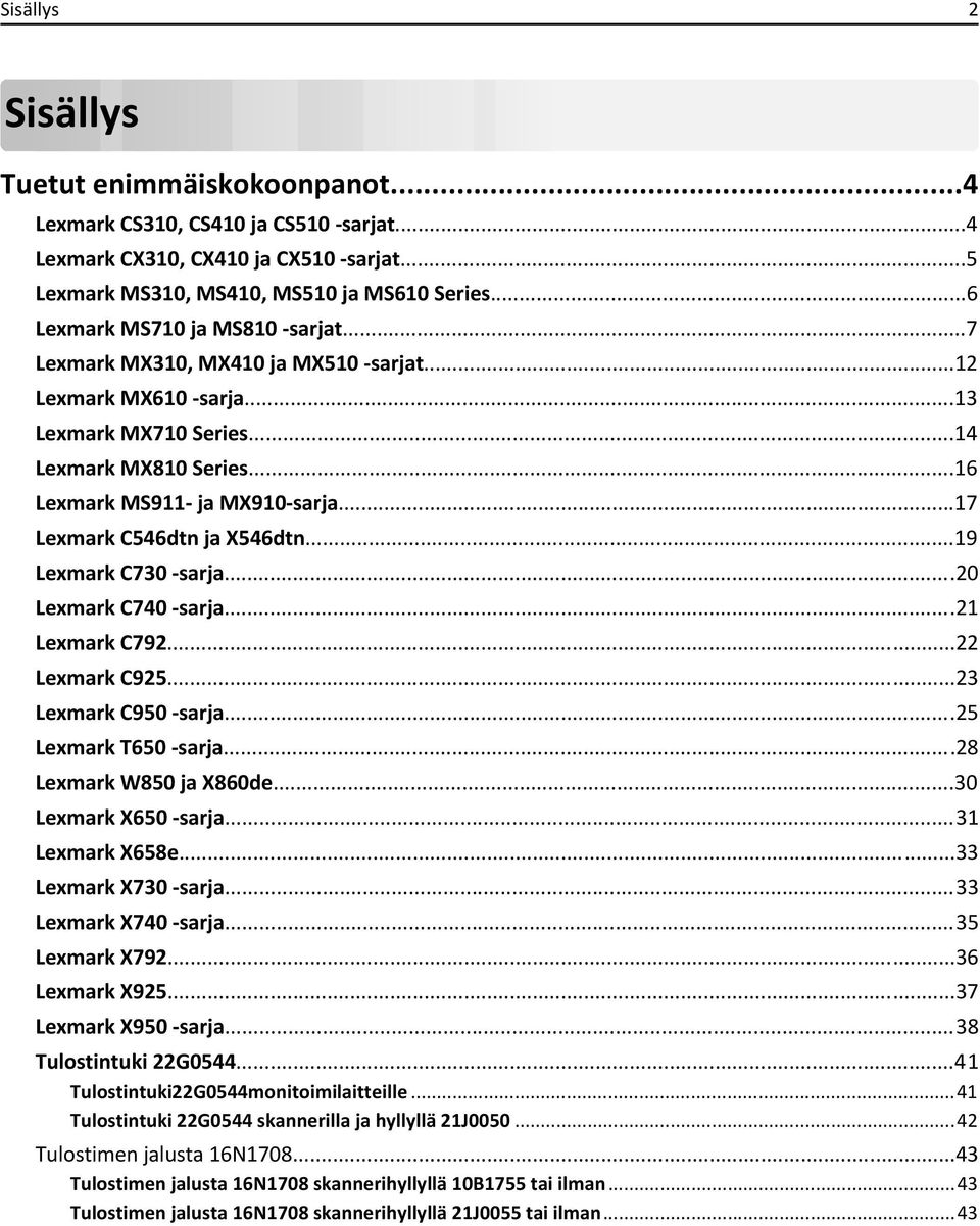 ..17 Lexmark C546dtn ja X546dtn...19 Lexmark C730 -sarja...20 Lexmark C740 -sarja...21 Lexmark C792...22 Lexmark C925...23 Lexmark C950 -sarja...25 Lexmark T650 -sarja...28 Lexmark W850 ja X860de.