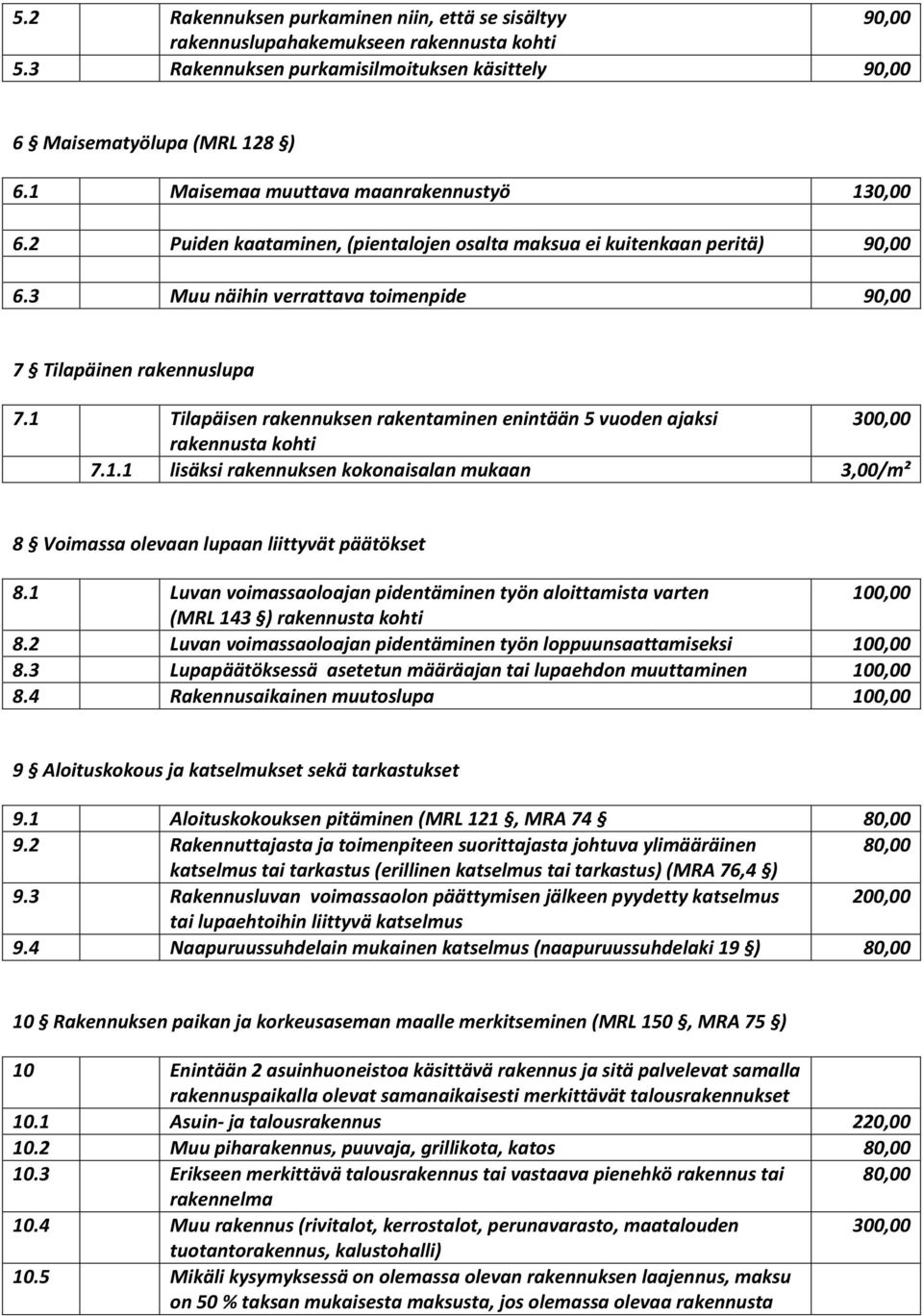 1 Tilapäisen rakennuksen rakentaminen enintään 5 vuoden ajaksi 300,00 rakennusta kohti 7.1.1 lisäksi rakennuksen kokonaisalan mukaan 3,00/m² 8 Voimassa olevaan lupaan liittyvät päätökset 8.