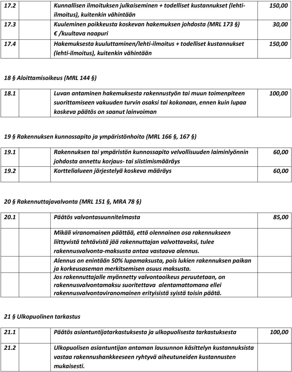 1 Luvan antaminen hakemuksesta rakennustyön tai muun toimenpiteen suorittamiseen vakuuden turvin osaksi tai kokonaan, ennen kuin lupaa koskeva päätös on saanut lainvoiman 100,00 19 Rakennuksen