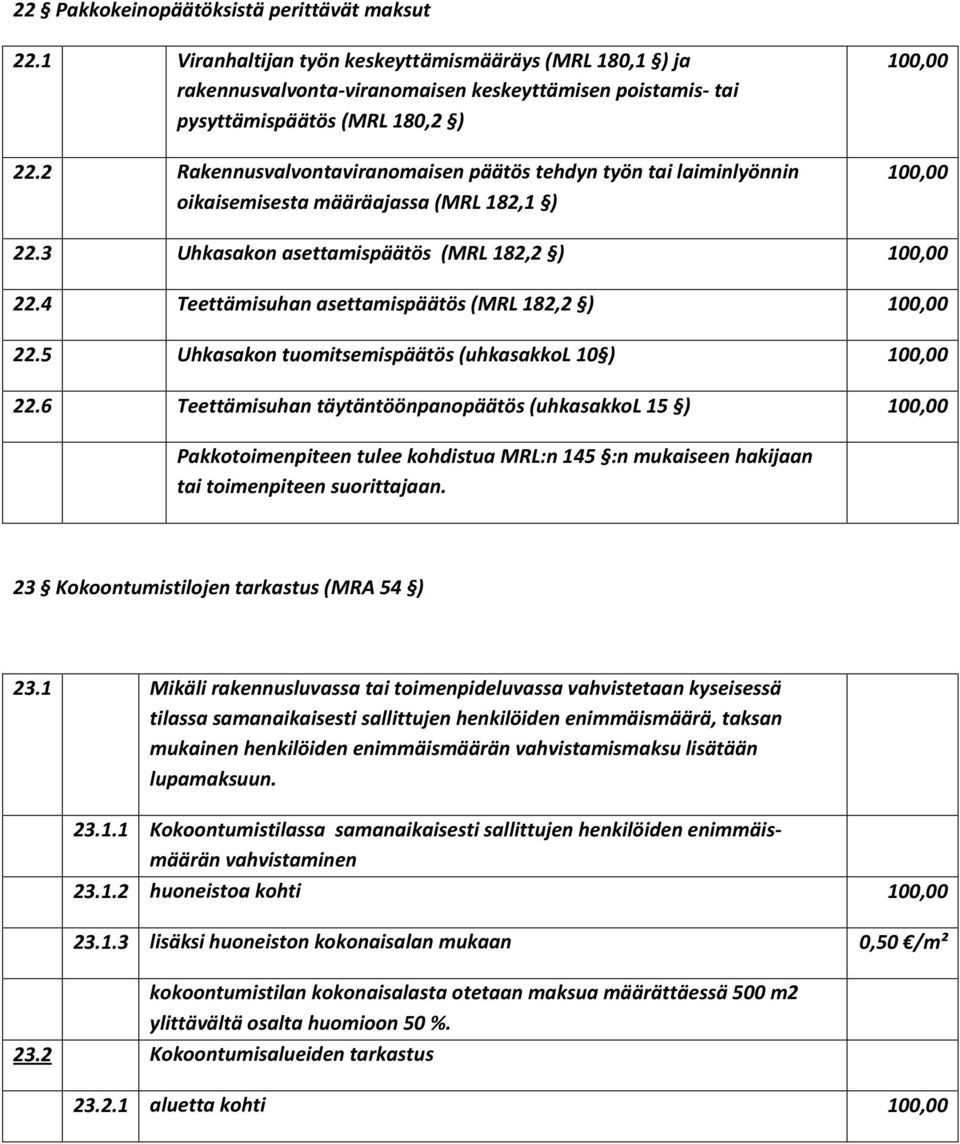4 Teettämisuhan asettamispäätös (MRL 182,2 ) 100,00 22.5 Uhkasakon tuomitsemispäätös (uhkasakkol 10 ) 100,00 22.