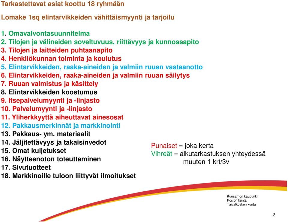 Elintarvikkeiden, raaka-aineiden ja valmiin ruuan säilytys 7. Ruuan valmistus ja käsittely 8. Elintarvikkeiden koostumus 9. Itsepalvelumyynti ja -linjasto 10. Palvelumyynti ja -linjasto 11.