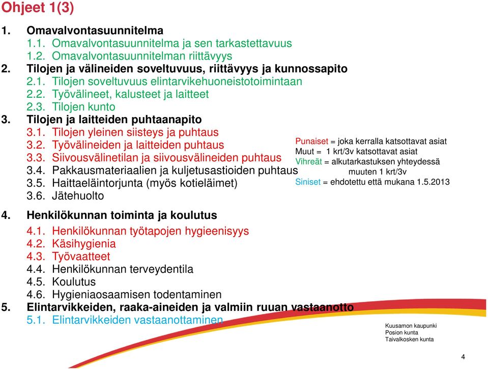 4. Pakkausmateriaalien ja kuljetusastioiden puhtaus 3.5. Haittaeläintorjunta (myös kotieläimet) 3.6. Jätehuolto 4. Henkilökunnan toiminta ja koulutus 4.1. Henkilökunnan työtapojen hygieenisyys 4.2.