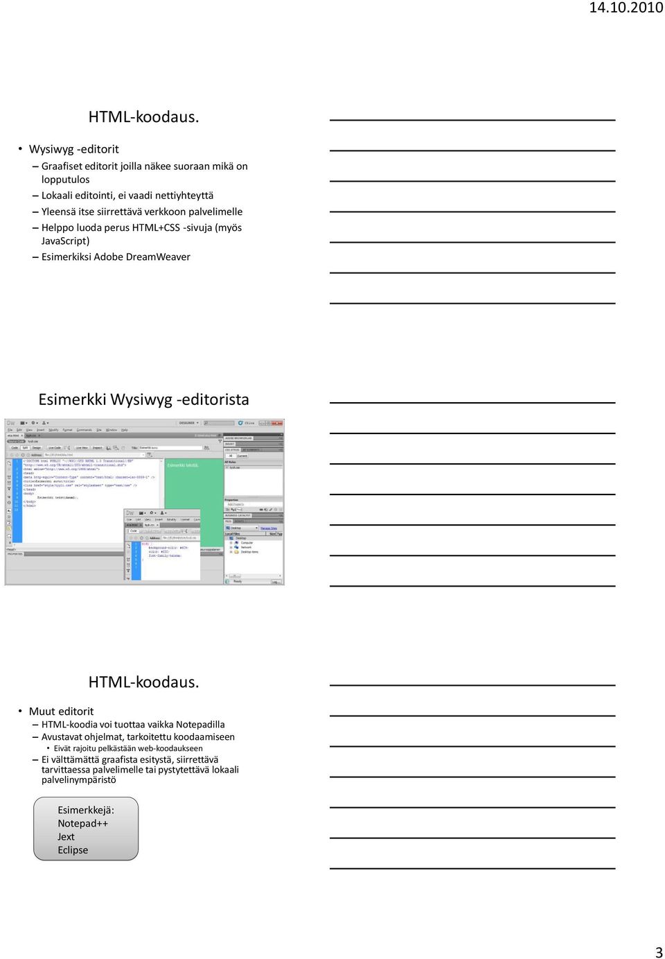 verkkoon palvelimelle Helppo luoda perus HTML+CSS -sivuja (myös JavaScript) Esimerkiksi Adobe DreamWeaver Esimerkki Wysiwyg -editorista  Muut editorit