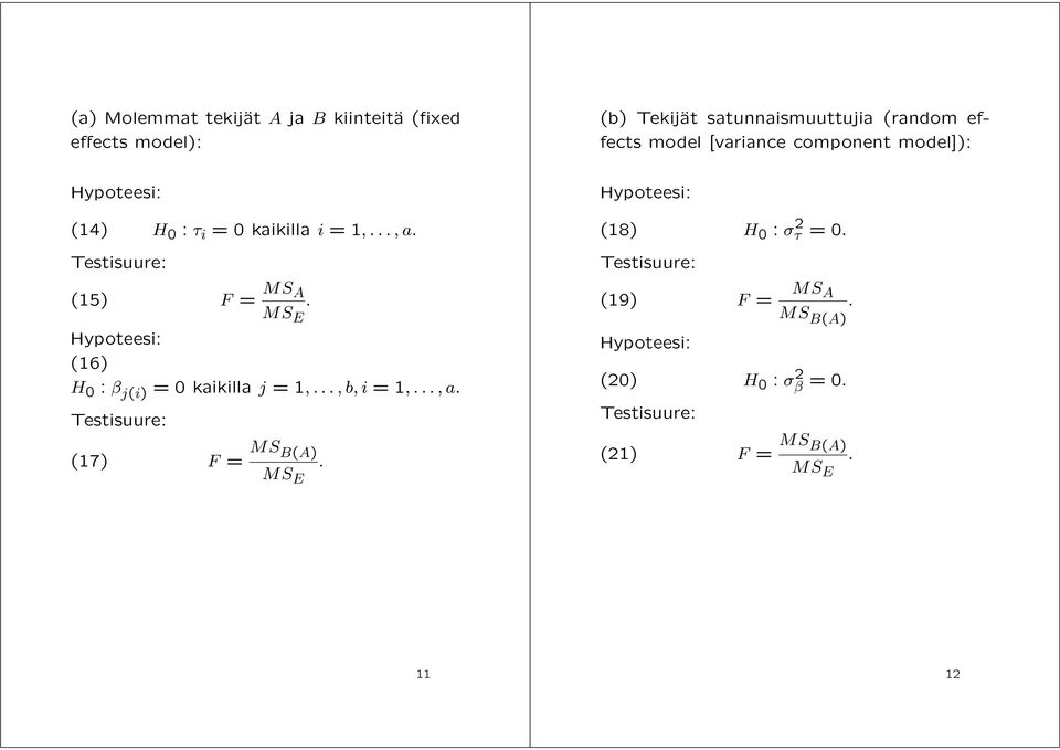 MS E Hypoteesi: (16) H 0 : β j(i) = 0 kaikilla j =1,...,b,i=1,...,a. Testisuure: (17) F = MS B(A) MS E.