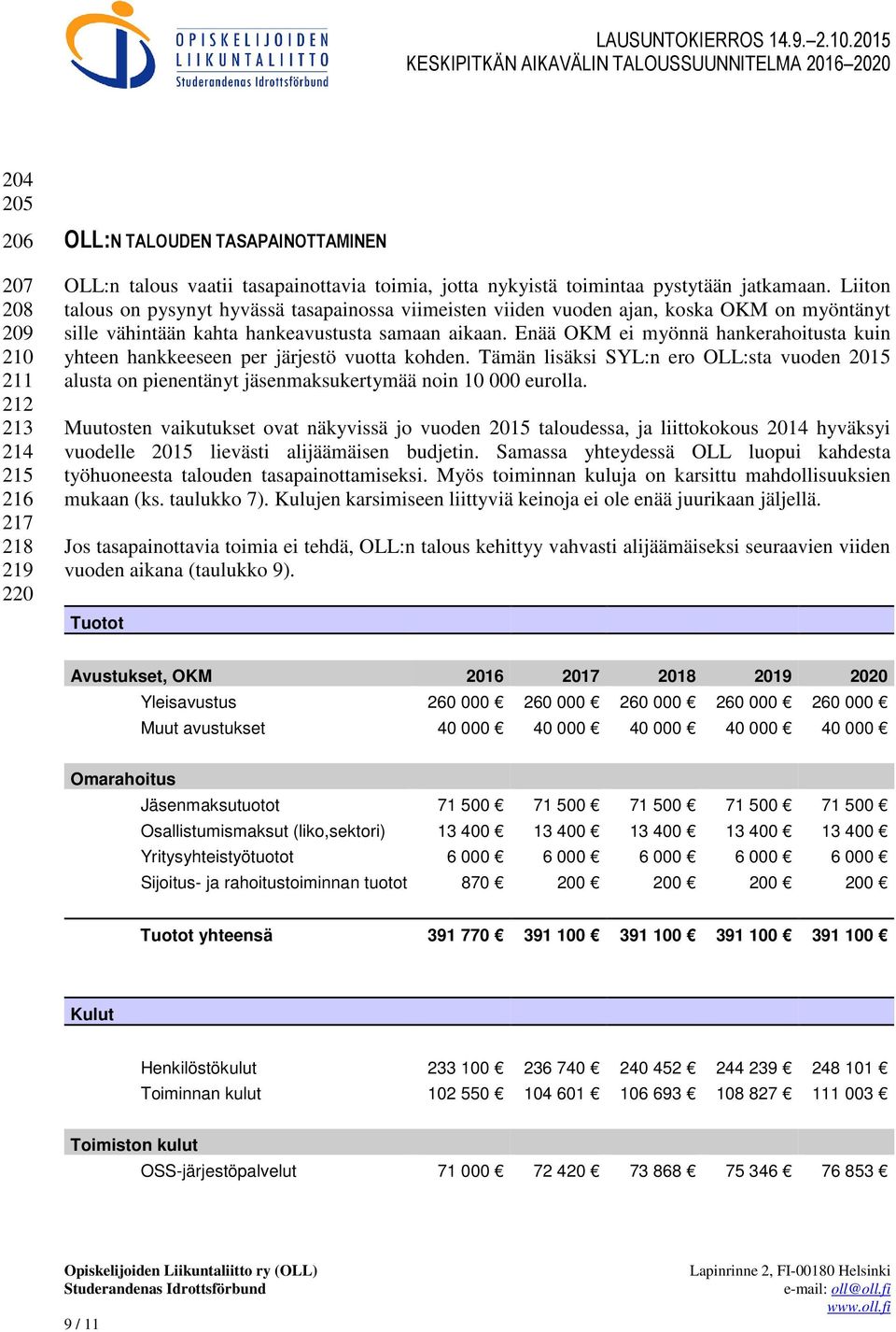 Enää OKM ei myönnä hankerahoitusta kuin yhteen hankkeeseen per järjestö vuotta kohden. Tämän lisäksi SYL:n ero OLL:sta vuoden 2015 alusta on pienentänyt jäsenmaksukertymää noin 10 000 eurolla.