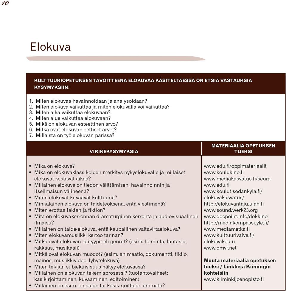 Mitkä ovat elokuvan eettiset arvot? 7. Millaista on työ elokuvan parissa? VIRIKEKYSYMYKSIÄ MATERIAALIA OPETUKSEN TUEKSI Mikä on elokuva?