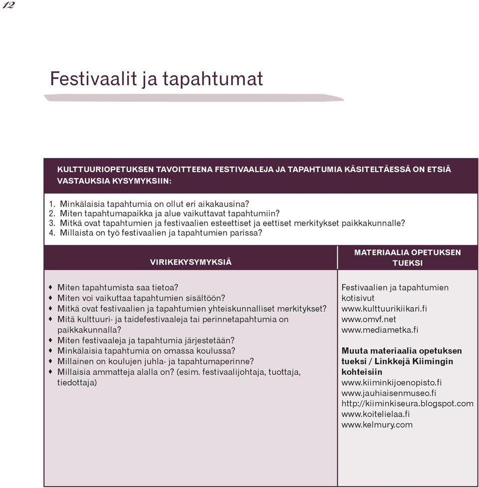 Millaista on työ festivaalien ja tapahtumien parissa? VIRIKEKYSYMYKSIÄ MATERIAALIA OPETUKSEN TUEKSI Miten tapahtumista saa tietoa? Miten voi vaikuttaa tapahtumien sisältöön?