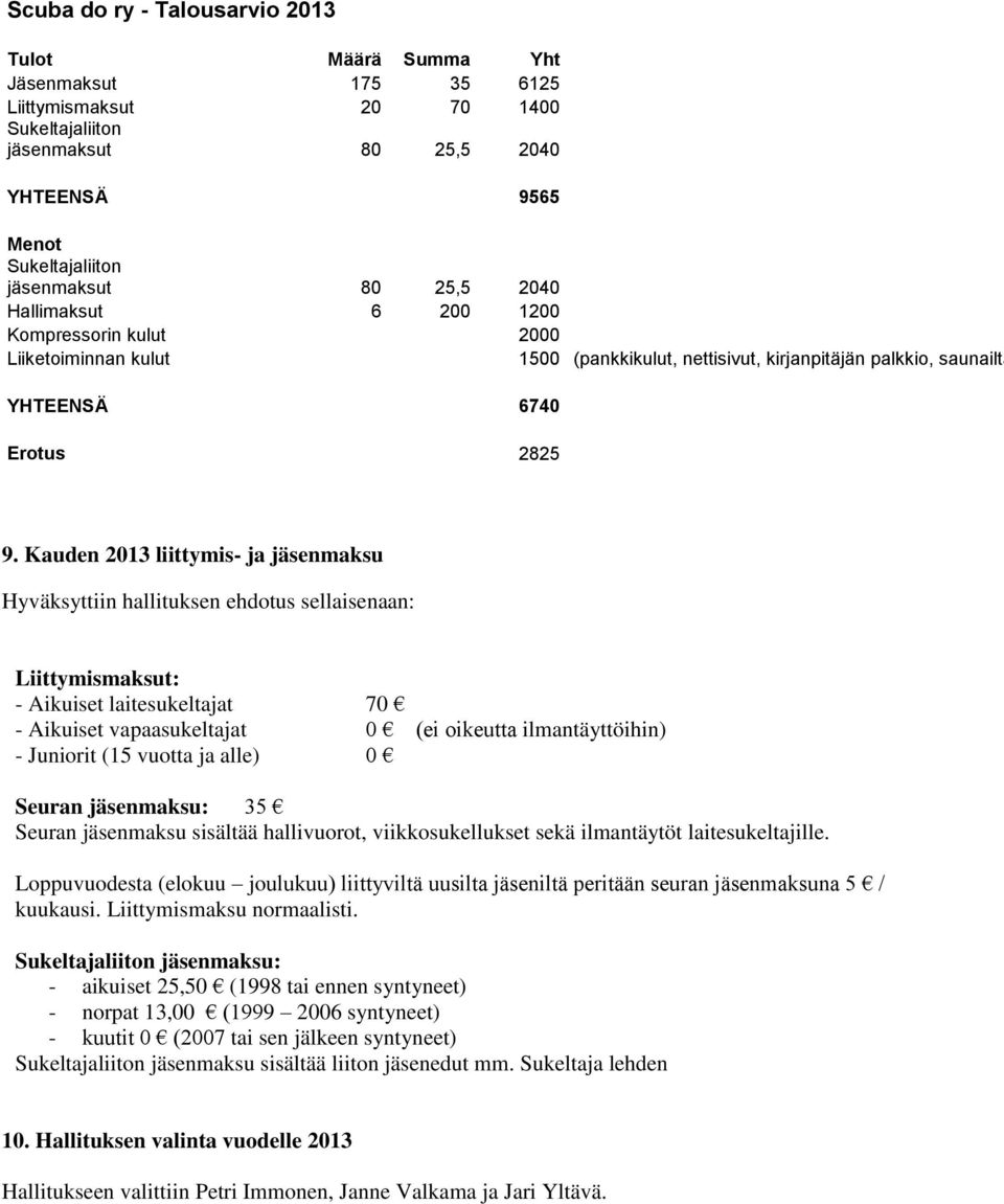 Kauden 2013 liittymis- ja jäsenmaksu Hyväksyttiin hallituksen ehdotus sellaisenaan: Liittymismaksut: - Aikuiset laitesukeltajat 70 - Aikuiset vapaasukeltajat 0 (ei oikeutta ilmantäyttöihin) -