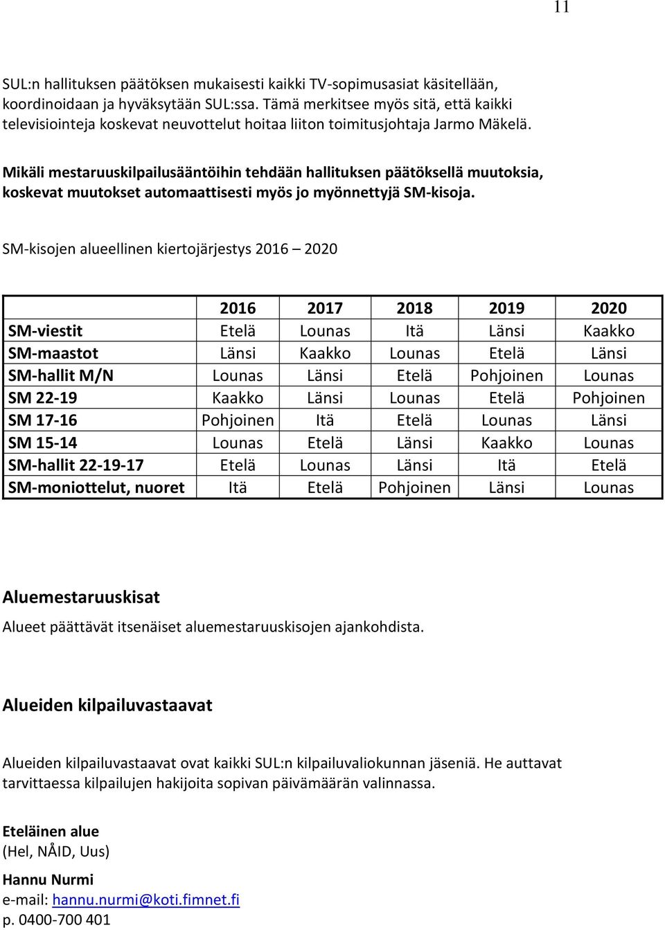 Mikäli mestaruuskilpailusääntöihin tehdään hallituksen päätöksellä muutoksia, koskevat muutokset automaattisesti myös jo myönnettyjä SM-kisoja.